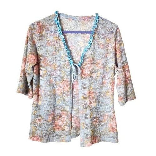 VINTAGE blue floral lace cover up cardigan tie front top sabrina carpenter vibes
