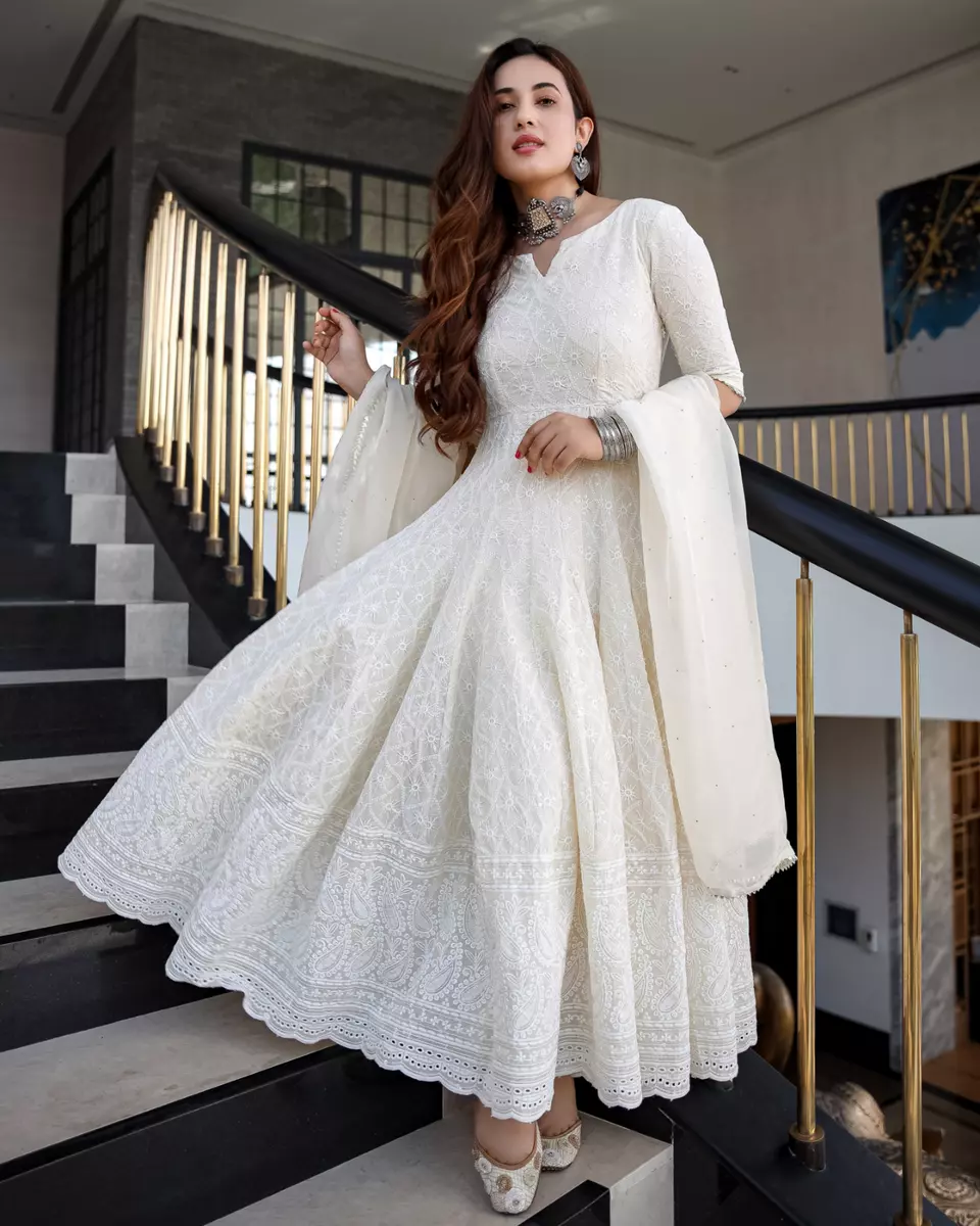 Indian Women White Stitched Anarkali Gown Kurta Set with Dupatta Wedding  Dress