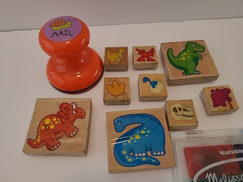 Wood Mounted Rubber Dinosaur Stamps 9, Plastic Mounted Mail Stamp Snail, Ink Pad - Picture 3 of 4