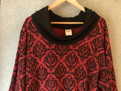 Blair Red Print Knit Top Sz 3X Tunic Length Cowl Neck Cotton Blend Knit - Picture 3 of 9