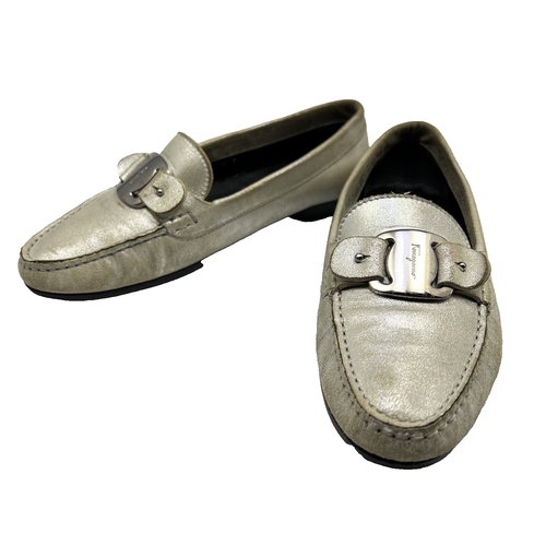 SALVATORE FERRAGAMO Loafer Flats Shoes Womens Silver Metallic Slip On Sz 6 Italy - Picture 7 of 12