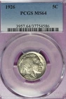 1926 ~ Buffalo Nickel ~ PCGS MS64 ~ Tough Date ~ Great Luster ~ Very Choice Coin