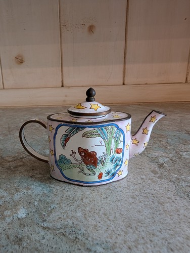 Miniature Enameled Copper Brass Teapot Leaping Frogs Moon Stars Pink Yellow - Picture 2 of 11
