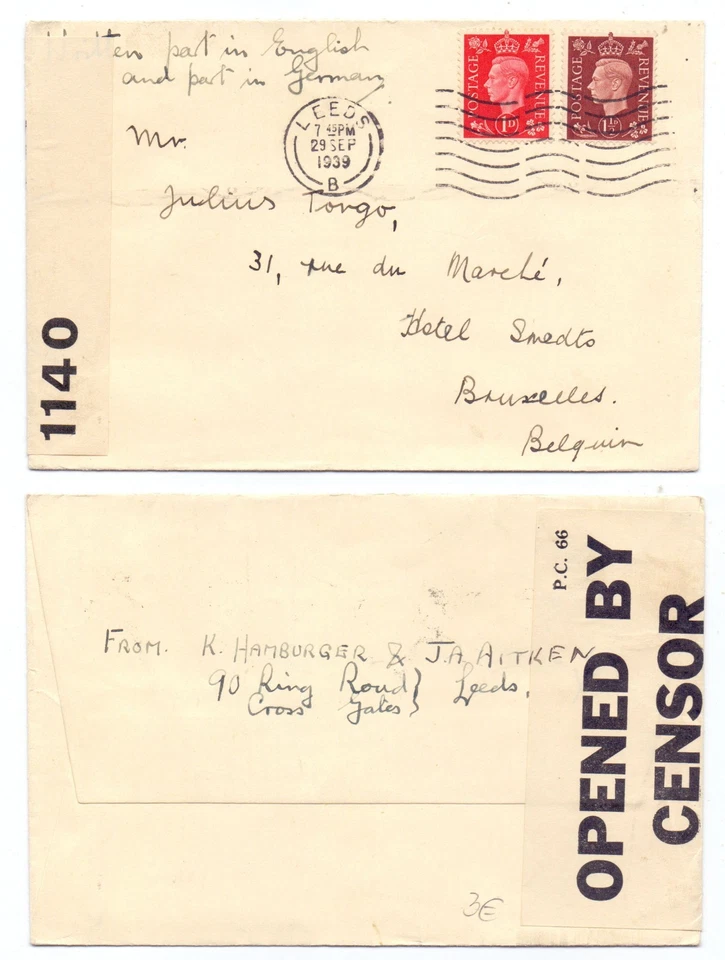 130504 - Recibo - Leeds 29.9.1939 a Bruselas, Bélgica - Censura - Imagen 1 de 1