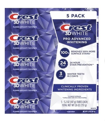 Crest 3D White Advanced Whitening Toothpaste, 5.2 oz, 5-count