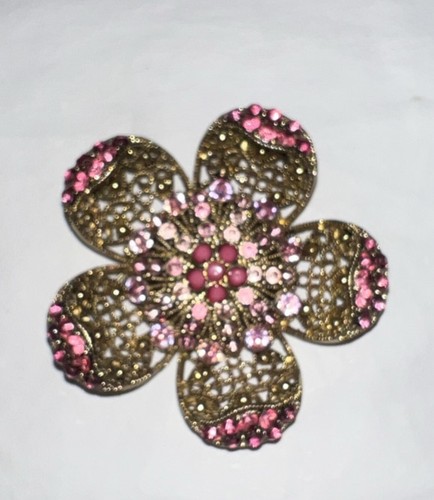 Vintage Brosche rosa Steine goldfarben Modeschmuck romantisch - Bild 2 von 7