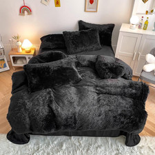 Faux Fur Plush Black Comforter Sets Full/Queen - Ultra Soft Shaggy