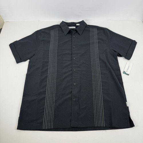 Cubavera Men's Ombre Embroidered Panel Short Sleeve Shirt in Jet Black-Large