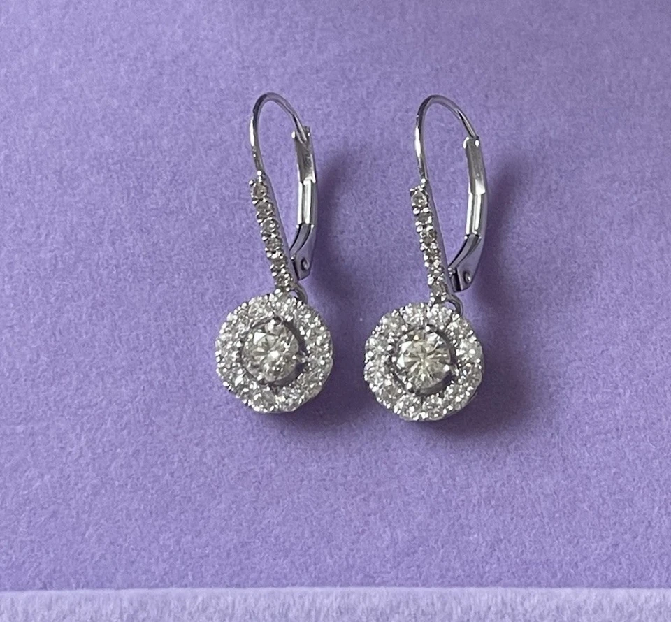 Висячие серьги-капли из белого золота 14 карат с натуральным бриллиантом 1 карат - Изображение 2 из 4