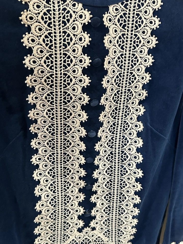 Vintage Blue Velvet Mini Dress Victorian Lace Trim Puff Sleeve 1960s Style - Image 3 of 4