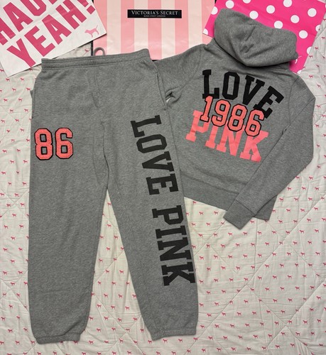 VS PINK VINTAGE 2011 SET HOODIE SWEATSHIRT & SWEATPANTS GRAU 86 LOVE PATCH LOGO - Bild 2 von 20