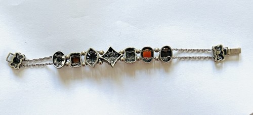 Vintage Victorian Revival Sterling Silver Slide Bracelet Signed M Cameo Gems - Picture 15 of 17