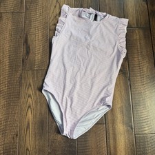 Vineyard Vines Girls Purple Striped Ruffle One Piece Swimsuit High Neck Tie Back
