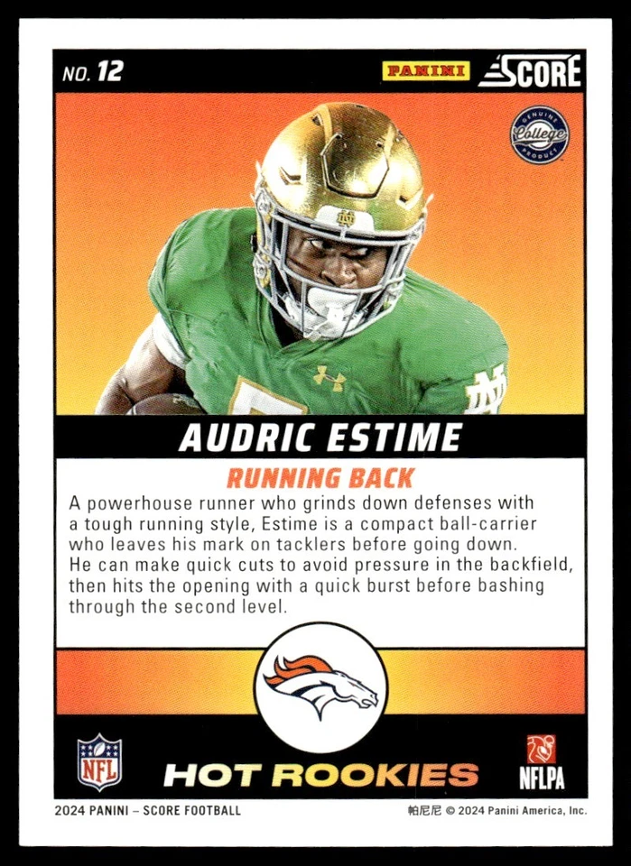 2024 Score Hot Rookies Audric Estime Denver Broncos #12 - Image 2 of 2