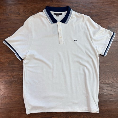 Michael Kors White Polo Shirt Men's XL Short Sleeve Navy Collar Classic Fit Golf - Picture 4 of 7
