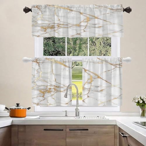 White Abstract Marble Kitchen Valances, Gold Ink Half Window Curtain Window - Picture 4 of 8