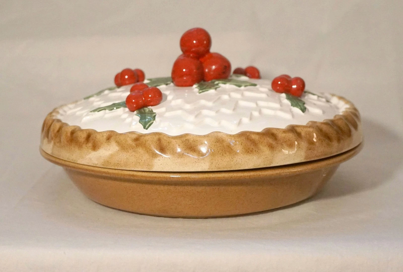 Wow Vintage Ceramic Pie Keeper and Lid Holly Berries Made Portugal
