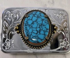 Vintage Silver Tone Western Belt Buckle Faux Turquoise Floral Engraved Boho