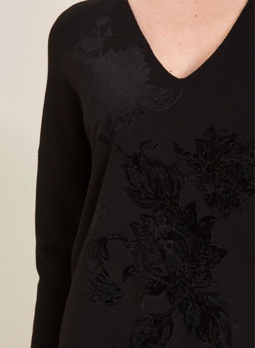 Maglione Chico's 2 Velluto-Applique Floreale Grande L Lungo Nero Scollo a V Top Oversize - Foto 8 di 9