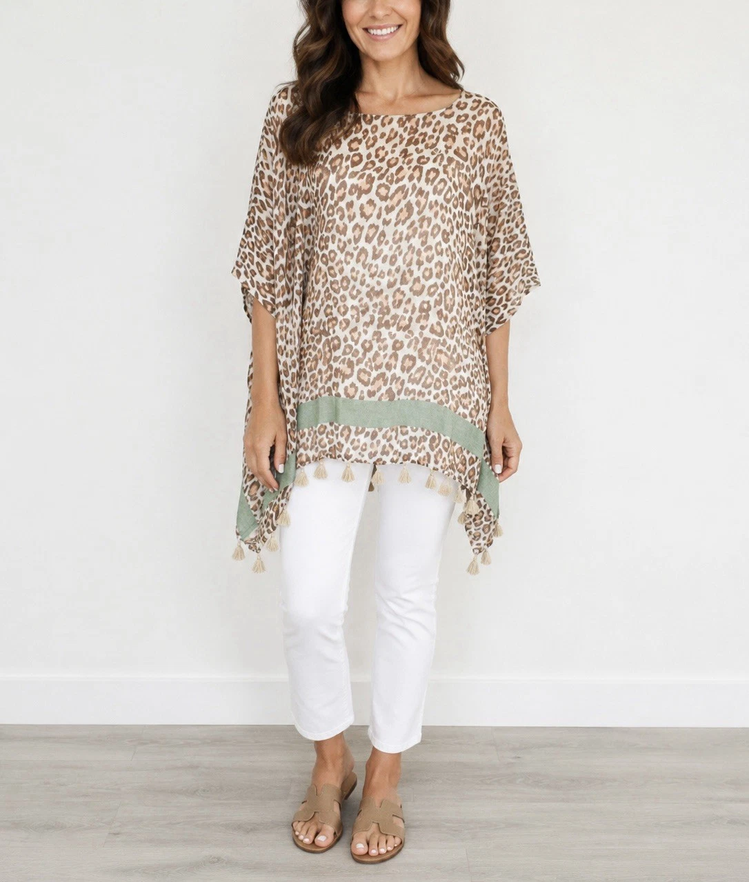 Demdaco Linen Blend Leopard Print Tassel Poncho One Size Boho Travel Beach NWT