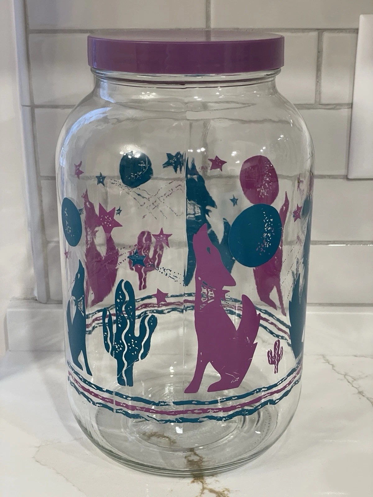 Vintage Southwest Desert Printed Glass Jar Plastic Lid Wide Mouth Large 10 in