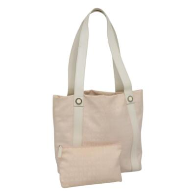 #ad BVLGARI Logo Mania Tote Bag Canvas Pink White Silver Auth 117578