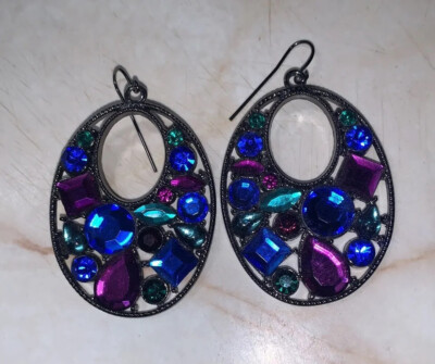Vintage 80s Costume Earrings Faceted Gems Bright Dangle Blue, Green, Purple 2 