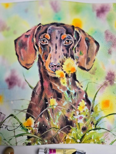 Original watercolor painting Dachshund dog art Animal art Floral art 9" by 12" - Picture 3 of 3