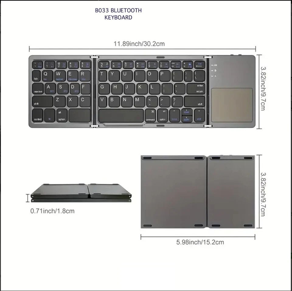 THREE FOLD WIRELESS BLUETOOTH KEYBOARD WITH TOUCH PAD B033 SLIM METAL DESIGN - Image 2 of 4
