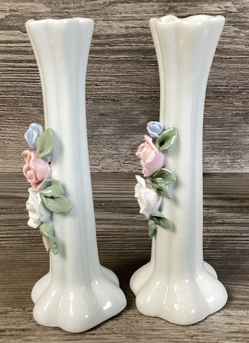Vintage Pair White Porcelain Applied Pastel Pink Blue Rose Flower Bud Vase 0089 - Picture 6 of 20