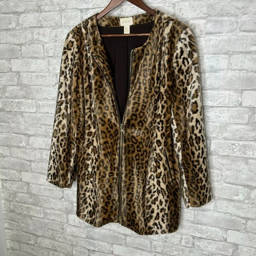 Chicos Women's Faux Fur Leopard Jacket Full Zip Coat Pockets Lined Size 1 /M - Imagen 2 de 24
