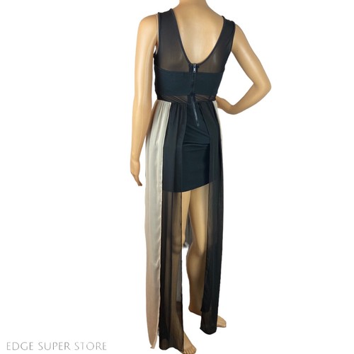 Material Girl Black Beige Sheer Scoop Neck High Low Train Mini Dress Size Small - Picture 5 of 7