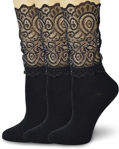 ViViKi Women's Lace Socks Transparent Mesh Ruffle Dress Ankle Socks - Black - Picture 2 of 6