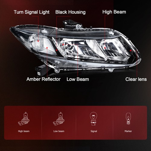 Headlight Assembly For 2012-2015 Honda Civic 4Dr Sedan/2Dr Coupe Left+Right Pair - Picture 4 of 9