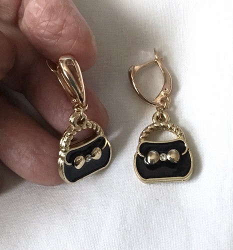 Gold Plated, Black Enamel, Miniature Handbag Earrings. Leverback. uk - Picture 3 of 6
