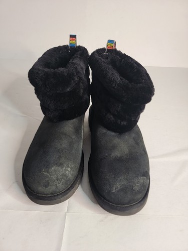 UGG SZ 11 Womens Boots Fluff Mini Quilted Black Rainbow Multicolor Back Strap - Bild 2 von 12