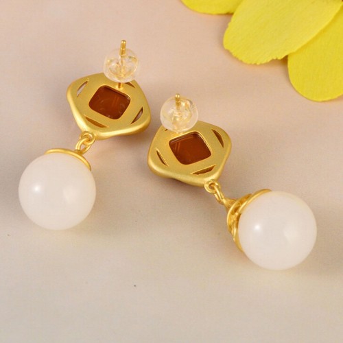 I01 Orecchini Elegante Placcato Argento 925 Sfera Di Bianca Giada Agata Rossa - Foto 4 di 6
