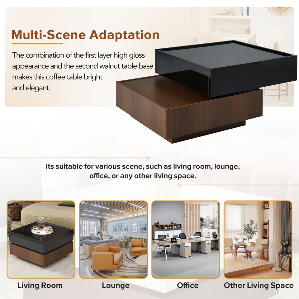 360° Swivel Square Coffee Table High Gloss Center Cocktail Table with 2