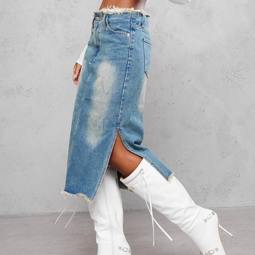 PRETTY LITTLE THING SIDE SPLIT RAW HEM DENIM MIDI SKIRT SIZE 10 BNWT RRP £26 - Picture 4 of 4