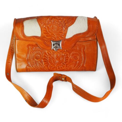 Vintage Hand Tooled Leather Southwestern Horse / Floral Purse Leather / Fur