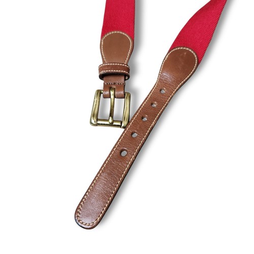 Dooney & Bourke Red Wool Surcingle Belt Brown Leather Solid Brass Men’s Size 34 - Picture 2 of 6