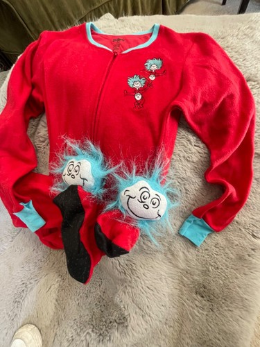 Adult Foot Pajamas Dr. Seuss Thing 1 Thing 2 Fleece Med or 1 Size Xmas PJs 1 Pc - Picture 5 of 9