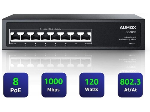 Aumox SG308P Switch di rete 8 porte PoE 120W Gigabit Ethernet AC100-240V. 218
