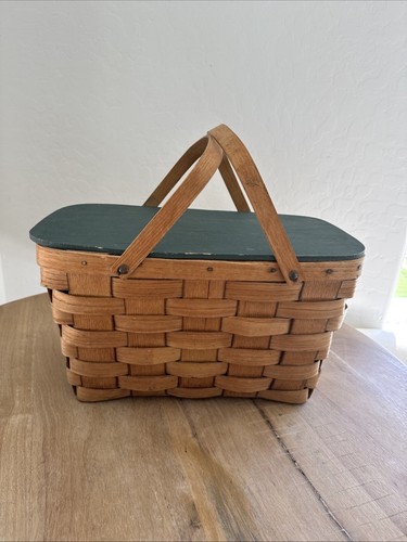 Vtg Woven Lg Picnic Basket Basketville Handpainted Green Top Handles Putney VT - Picture 12 of 15