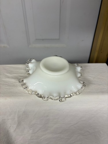 Vintage Fenton Milk Glass White Silver Crest Clear Ruffled Edge Bowl Candy Dish - Picture 4 of 4