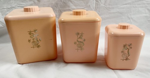 3 Vtg Pink Kitchen Nesting Canisters MCM Atomic Flowers Flour Sugar Tea USA Made - Picture 1 of 8