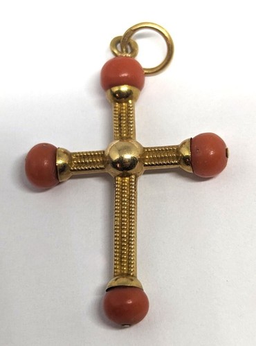 Antique 18k Yellow Gold & Coral Beads Cross Pendant 19th RARE