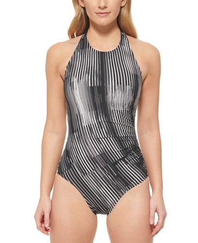 $118 Calvin Klein Printed Side Shirred High Neck Halter One-Piece Swim Size 10