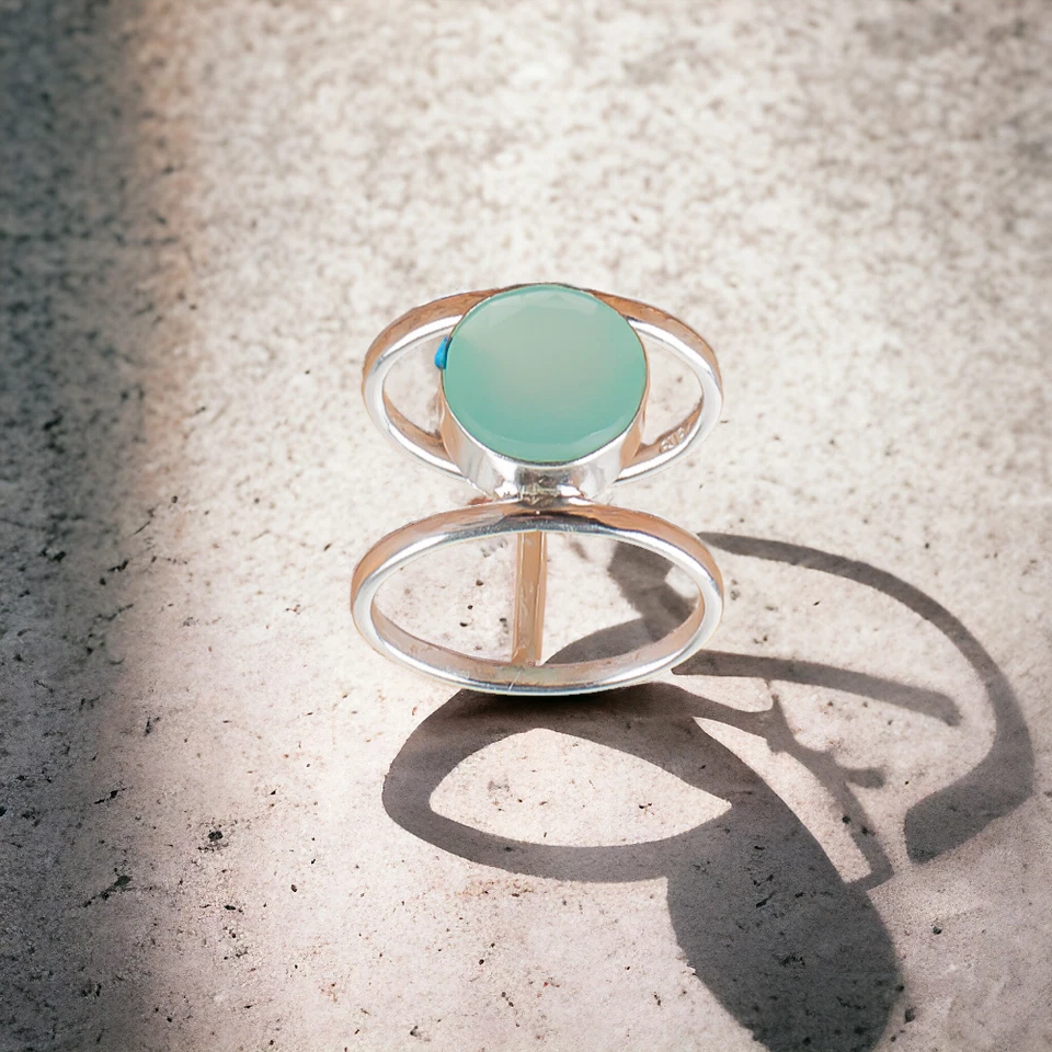 Lindo anillo de piedras preciosas naturales de calcedonia aguamarina para mujer de plata de ley 925 regalo Foto 3 de 4