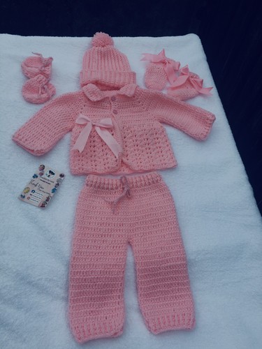 Häkel Pullover Set für Neugeborenes Baby Mädchen, Baby Coming Home Outfit, Rosa Babyset - Bild 1 von 11